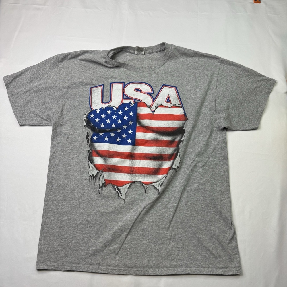 USA Spirit of America Flag Muscle Rip Chest‎ Men's T-Shirt Gray Grey Sz XL